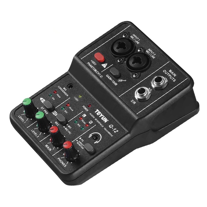 Професионален преносим аудио миксер BOMGE Q12, 2 канала, 16 bit/48 kHz, 16x13x6cm, 0.3kg