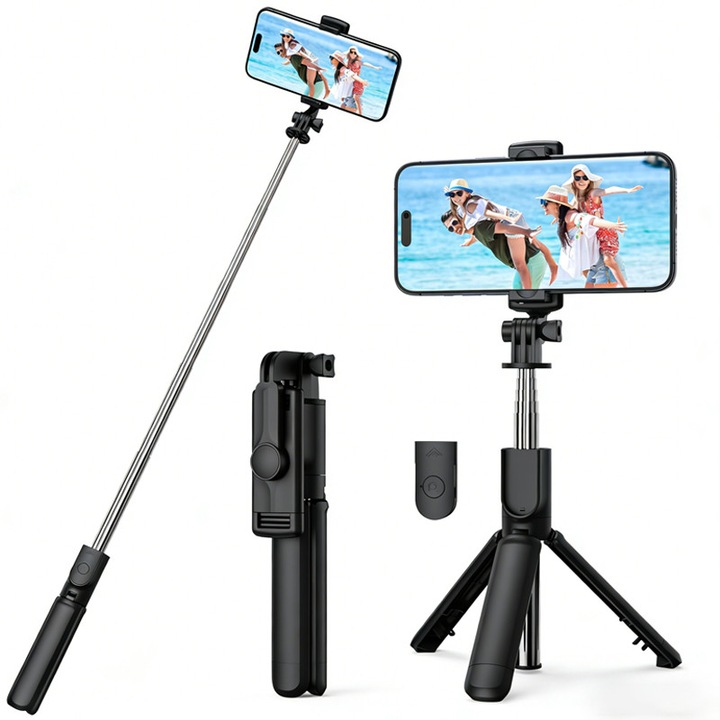 Trepied Selfie Extensibil 1.3m cu Telecomanda Wireless, 360° Rotativ, Stabil, Portabil, Pentru Fotografie, Vlog si Streaming Live, Compatibil cu Toate Telefoanele