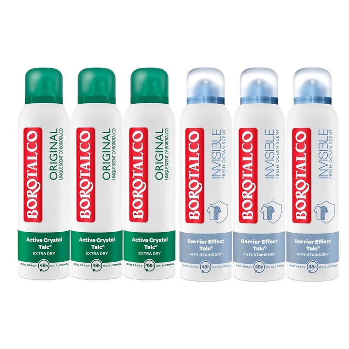 Szett 6 x Borotalco Variety Bundle, 3 x Izzadásgátló Deo 150 ml Eredeti, 3 x Izzadásgátló Deo 150 ml Invisible Fresh, Egész napos friss, Intense Fresh Fragrance, Fehér foltok ellen, élénkítő, hosszan tartó frissesség, 48 órás védelem
