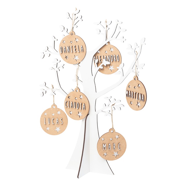 Decoratiune Copacul familiei din lemn, alb cu discuri natur personalizabile