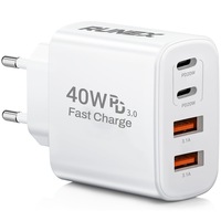Incarcator Retea 40W Runex®, 4 Porturi, Adaptor Priza Quick Charge, 2 x Type-C 20W Fast Charger, 2 x USB-A 3.1A, Compatibil Universal, Apple, Samsung, Huawei, Xiaomi, Protectie Supracurent