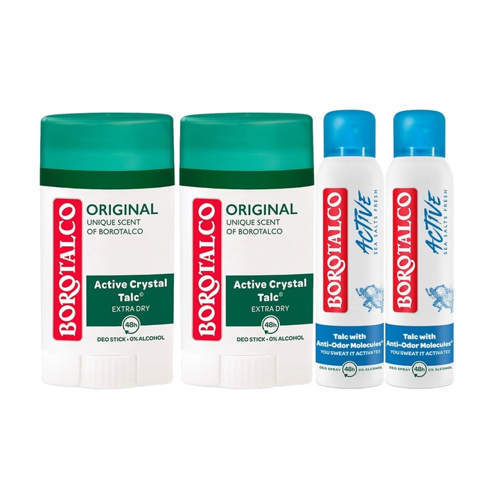Комплект 4 x Borotalco Variety Bundle, 2 x Antiperspirant Stick 40 ml Original, 2 x Antiperspirant Deo 150 ml Active, свеж през целия ден, интензивен свеж аромат, против бели петна, ободряващ, дълготрайна свежест, 48 часа защита