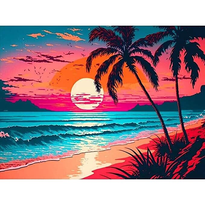 Pictura pe numere plaja cu palmieri, 40x50 cm, DIY - eMAG.ro