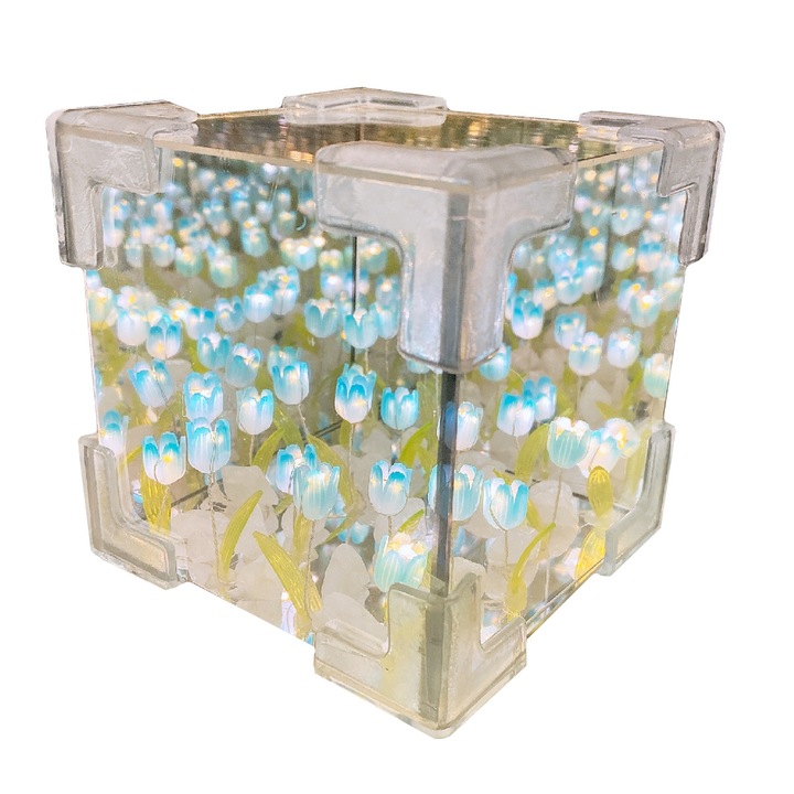 Lampa cu oglinda, set DIY, 30 flori si frunze, 10x10x10cm, albastra