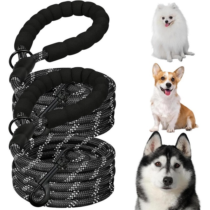 Set de 2 Lesa pentru caini, lesa pentru caini de 1,5 m cu maner de control de siguranta captusit moale si fire reflectorizante ridicate, potrivita pentru caini mici si mijlocii, negru