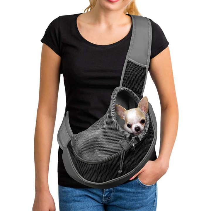 Purtator pentru caini pentru animale de companie Buzunar mare Cureaua de reglare Design anti-cadere Plasa respirabila Transport in siguranta pentru caini pentru pisici, Geanta de transport pentru caini, neagra, mica