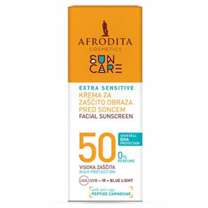 Crema de fata Afrodita Sun Care Extra Sensitive SPF50, 50ml, protectie ridicata UVA+UVB+IR, fara parfum, pentru piele sensibila