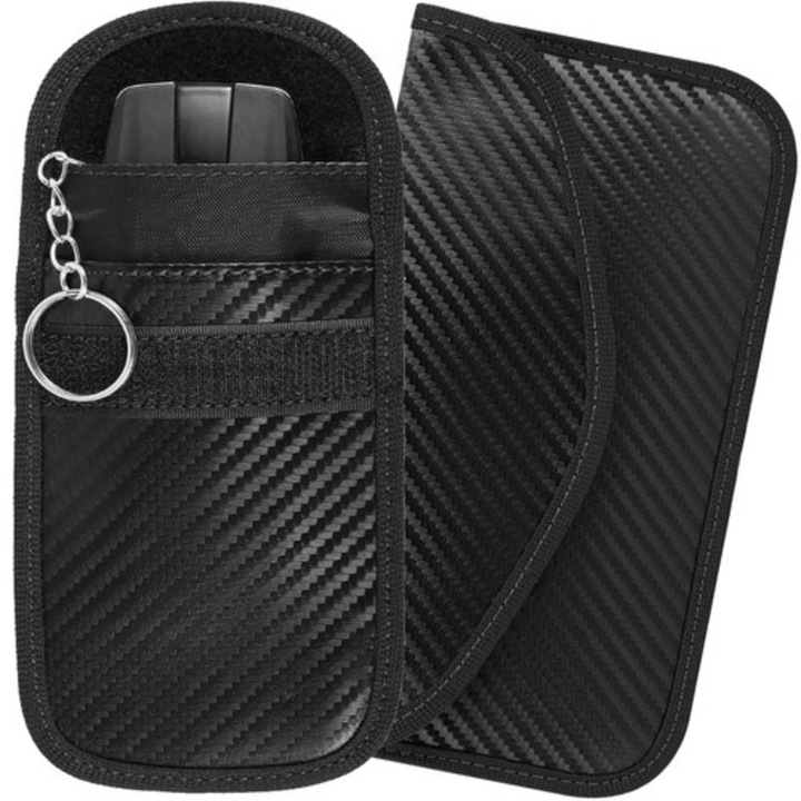 Set 2 husa protectie antifurt pentru chei si carduri, Zola®, cu carabiniera, inchidere velcro, neagra, blocarea undelor radio 10 - 30 kHz, 9 x 13/ 8.5 x 13 cm