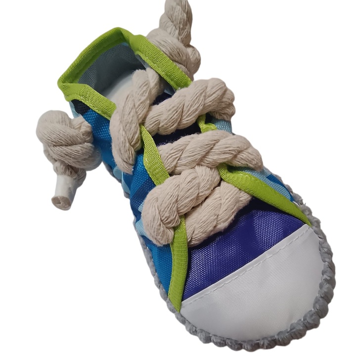 Jucarie catel talie mica tip incaltaminte cu snur si sunet, 18x8x4.5cm culoare albastru si mov