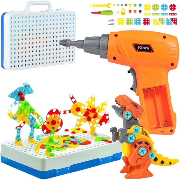 Комплект бормашина Kibra™, интерактивна и образователна играчка, подвижен динозавър, кутия за съхранение, отвертка и 237x части и аксесоари са включени