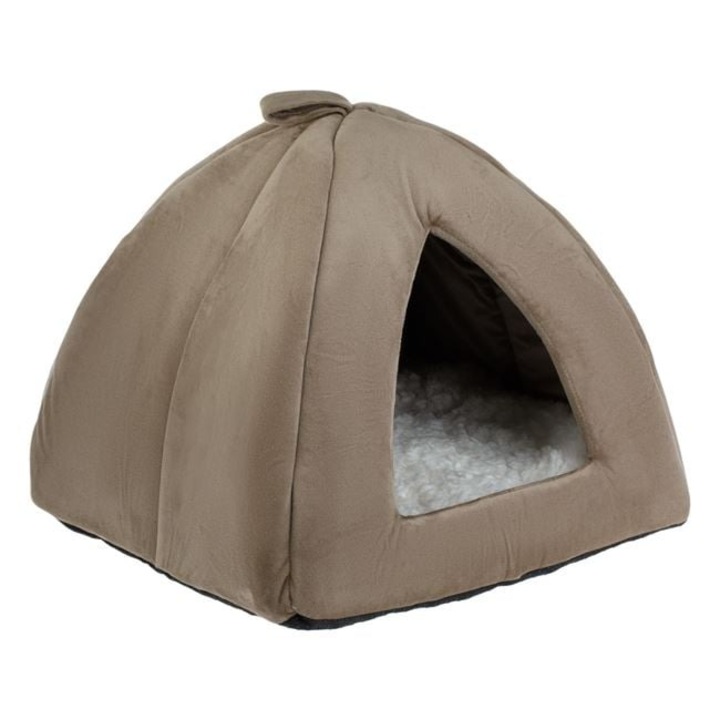 Pat cuib Antbro® pentru pisici cu perna si tesatura moale, cu baza antiderapanta, maro, 43x43x36 cm