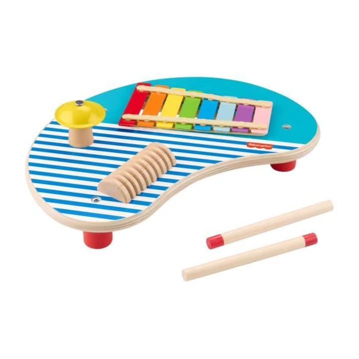Instrument de jucarie, Fisher Price, masa muzicala din lemn, instrumente de percutie, multicolor, 30x45cm