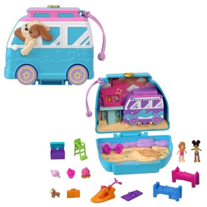 Babaház, Polly Pocket, Welpenbox am Strand, tarka, szett
