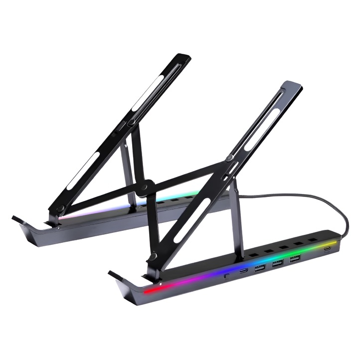 Suport Laptop RGB Konzmann, 6 Trepte Reglabile, Hub USB 2.0 Tip C, Disipare Caldura, Racire Eficienta, Compatibil cu laptop, Tableta, MacBook, Design Pliabil, Aluminiu, Negru