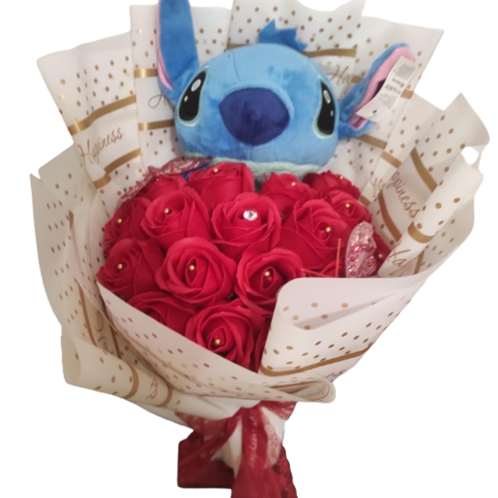 Buchet cu trandafiri de sapun parfumati si Stitch, model rosu