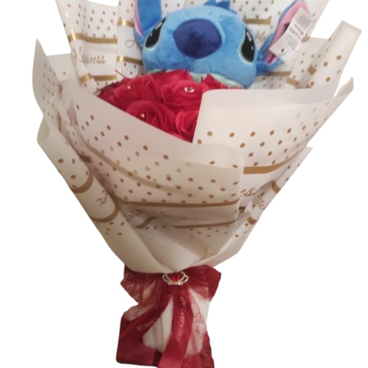 Buchet cu trandafiri de sapun parfumati si Stitch, model rosu