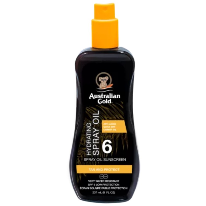 Australian Gold SPF6 fényvédő spray, hidratáló sárgarépa olajjal és aloe verával, 237 ml