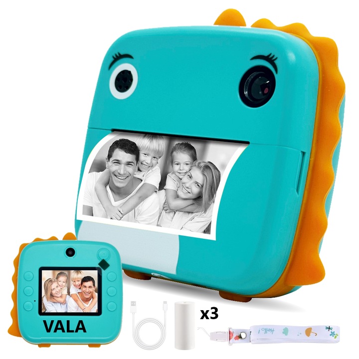 Детска камера с незабавен печат, VALA® A20, модел Dinosaur, 50Mpx 1080P резолюция, две предни и задни камери, SELFIE функция, 2.4″ IPS HD цветен LCD дисплей, забавни рамки, фото филтри, включени 3 хартиени ролки, зелен