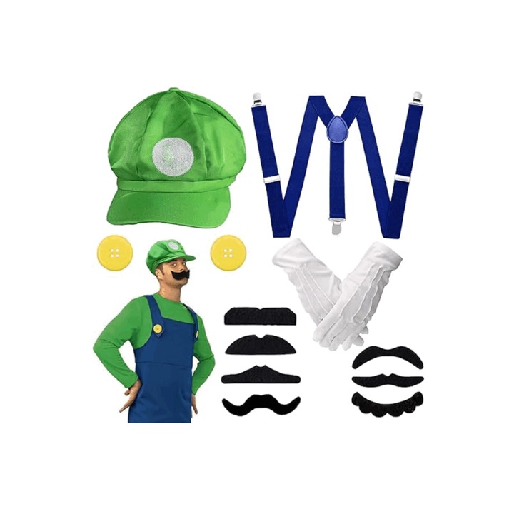 Set Accesorii Petrecere, Carnaval pentru copii, Kit Luigi Super Mario, 13 Piese, RFEJ