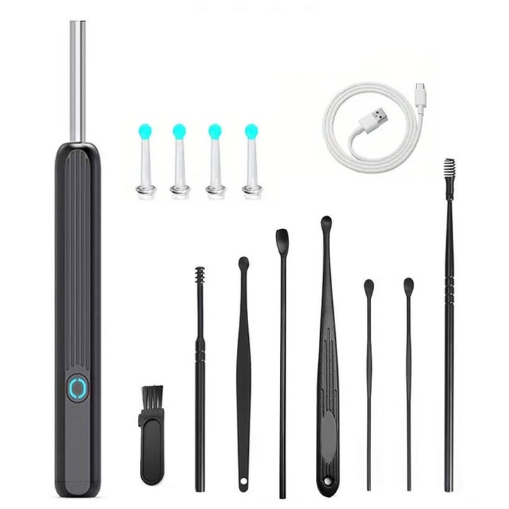 Aparat pentru curatat urechile, camera fara fir HD 360°, LED, WiFi, IPX5 impermeabil, curatare canal urechi, pentru copii, adulti si animale de companie, include TYPE-C, 13 accesorii, negru