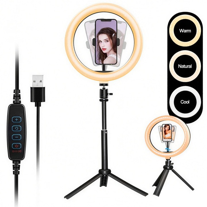 Lumina circulara LED, luminozitate completa pentru fotografiat, restabileste frumusetea, reglabila extensibila, 3 moduri de iluminare, 12 inchi, filmare video si streaming live