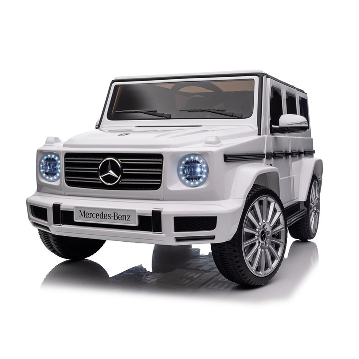 Masinuta electrica pentru copii Mercedes G500 Alb 12V 4X4 cu 4 motoare, telecomanda 2.4G, roti din cauciuc si scaun din piele sintetica