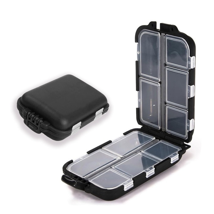 Кутия за лекарства с 10 отделения, преносима, предназначена за съхранение на лекарства, витамини, рибено масло, за пътуване и ежедневна употреба, с размери 9.5 x 6.2 x 2.7 cm, черен