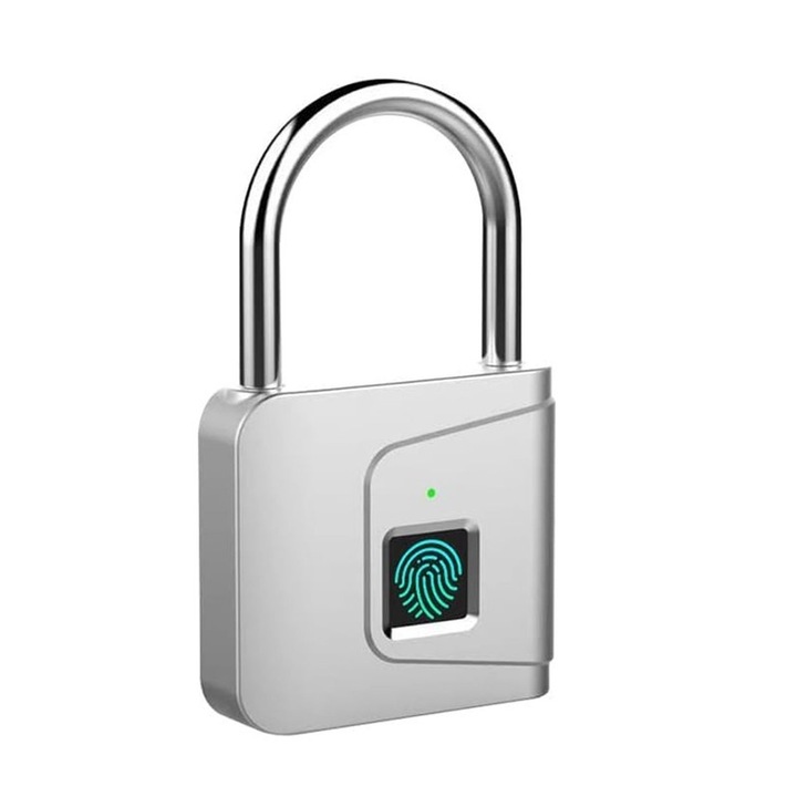 Lacat cu amprenta, electronic, reincarcabil, din otel inoxidabil, argintiu