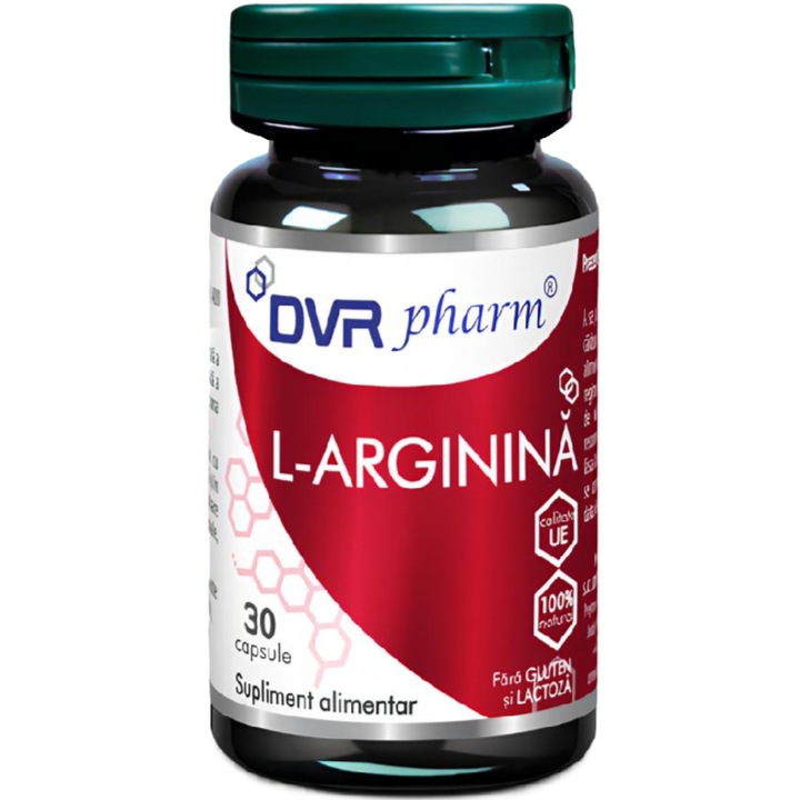 L-arginina cristalizata pura 400mg, sustine performanta fizica, sanatatea sexuala si a inimii, creste masa musculara, 30cps, DVR Pharm
