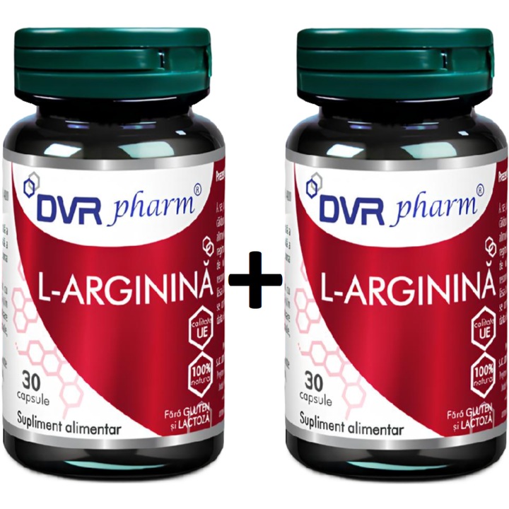 Pachet L-arginina cristalizata pura 400mg, sustine performanta fizica, sanatatea sexuala si a inimii, creste masa musculara, 2x30cps, DVR Pharm