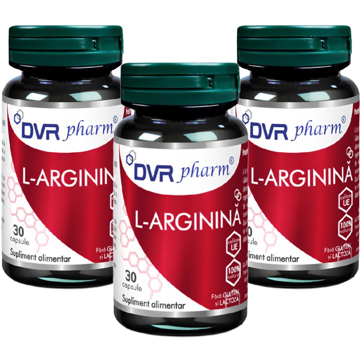 Pachet L-arginina cristalizata pura 400mg, sustine performanta fizica, sanatatea sexuala si a inimii, creste masa musculara, 3x30cps, DVR Pharm