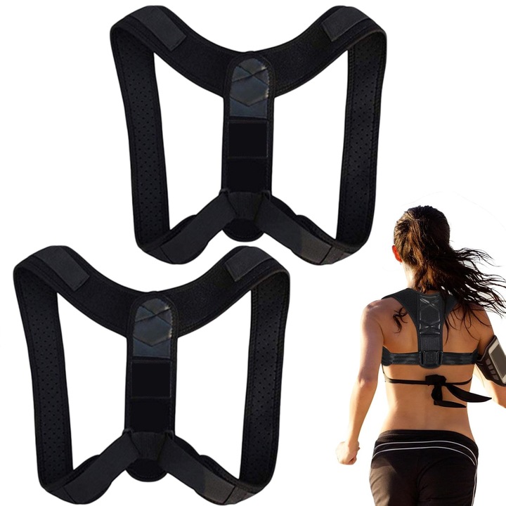 Corector de postura, indreptator pentru spate, sustine umerii, gatul si clavicula, suport pentru spate, trainer unisex pentru postura, dimensiune reglabila, negru