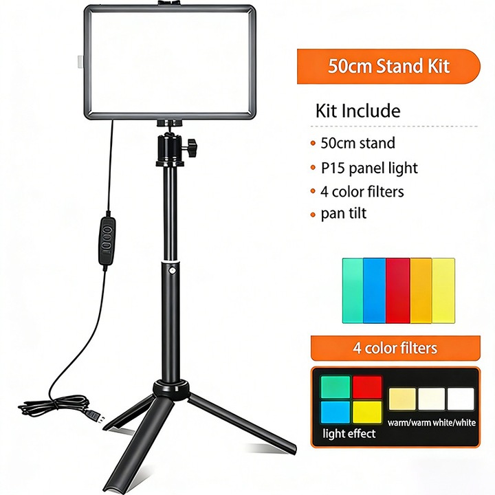 Lumina LED Video cu Trepied Extensibil 40cm, 3 Moduri de Culori si 10 Niveluri de Luminozitate, 66 LED-uri, Ideal pentru Streaming Live, Vlog, Fotografie si Conducere Video, Alimentare USB