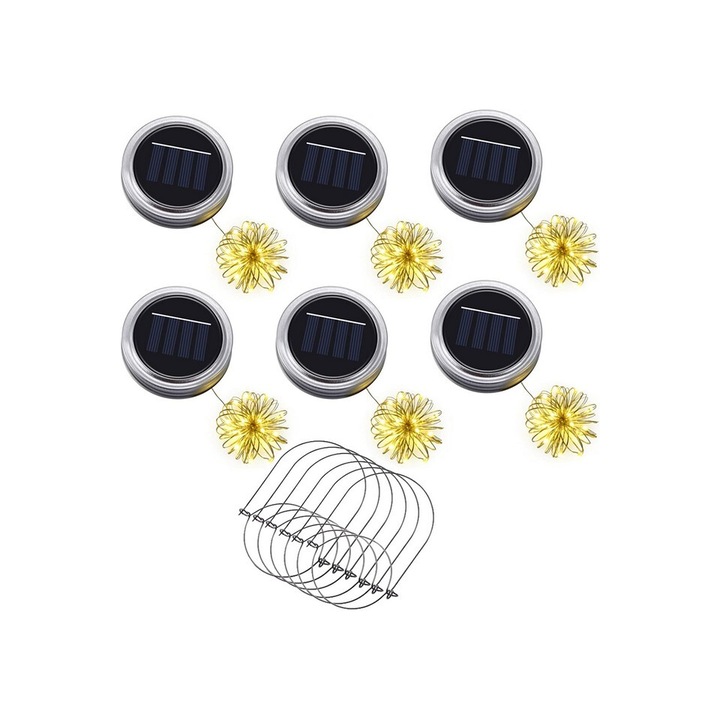 Комплект от 6 соларни LED лампи с капак за буркан, 7,3D x 7W x 5,7H cm, бурканите не са включени, Ymenow
