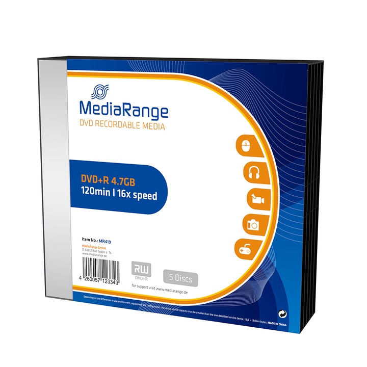 Set 5 DVD+R, MediaRange, 120', 4.7 GB, 16x, Slim case