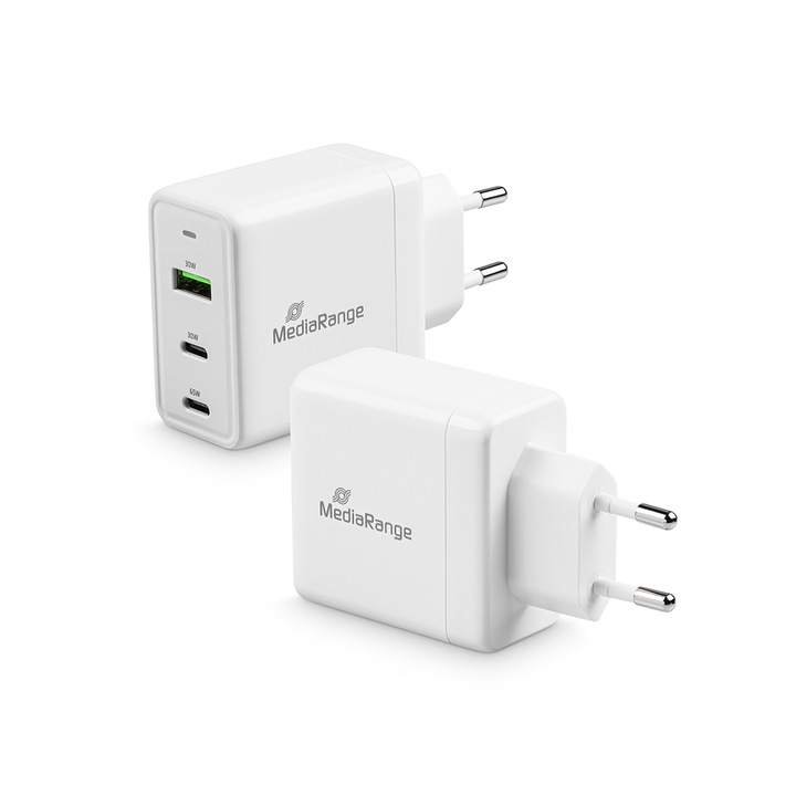 Incarcator rapid MediaRange 65W cu USB-A si doua USB-C, alb