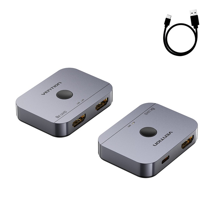 Двупосочен HDMI 2.1 превключвател, VENTION, 8k HDR, 2x1 сплитер 1x2, сив