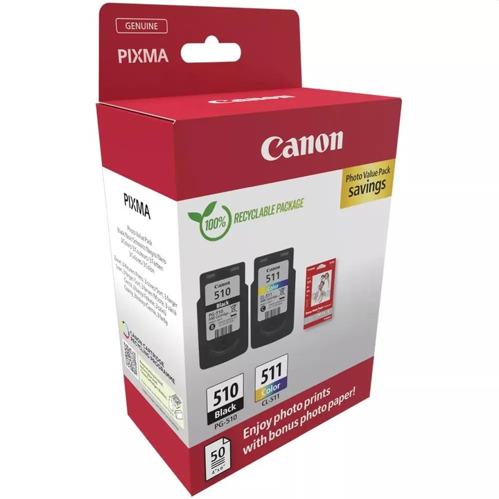 Canon pachet cartuse cearneala PG-510/CL-511 Photo value pack, capacitate negru: 9ml, Color: 9ml, Compatibil cu: PIXMA iP2700, PIXMA iP2702, PIXMA MP230, PIXMA MP240, PIXMA MP250, PIXMA MP252, PIXMA MP260, PIXMA MP270, PIXMA MP272, PIXMA MP280, PIXMA