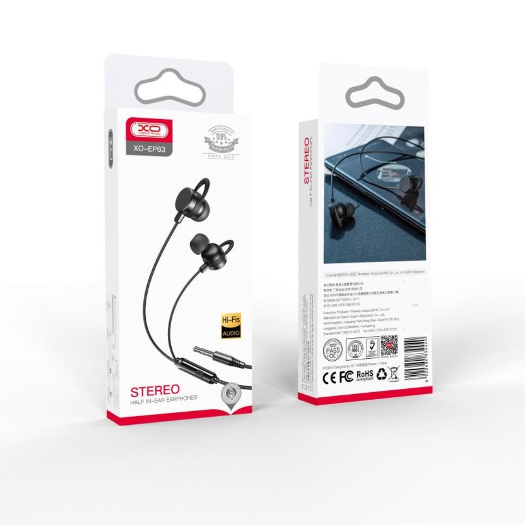 Casti Audio cu Fir si Microfon XO EP63 Negru, Jack 3,5mm, Design In-Ear pentru Confort si Izolare Fonica, Control Volum Ideal pentru Muzica si Apeluri