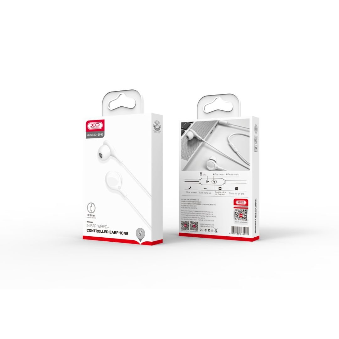 Casti Audio cu Fir si Microfon XO EP46, Alb, Mufa Jack 3,5mm, Noise Cancelling, Sunet Clar si Izolare Fonica, Ideal pentru Muzica si Apeluri