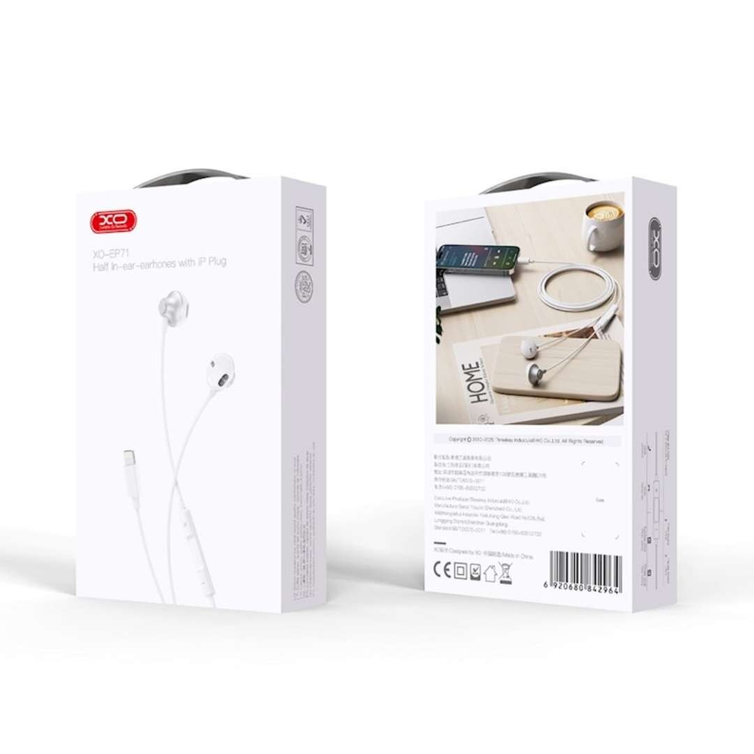 Casti Audio cu Fir si Microfon XO EP71, Alb, Mufa Lightning pentru iPhone, Reducere Zgomot si Control Volum, Design Ergonomic si Confortabil