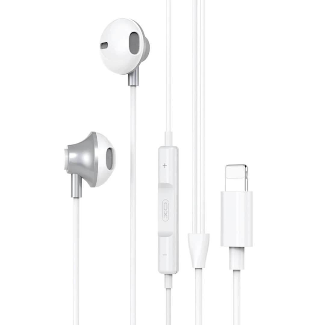 Casti Audio cu Fir si Microfon XO EP71, Alb, Mufa Lightning pentru iPhone, Reducere Zgomot si Control Volum, Design Ergonomic si Confortabil