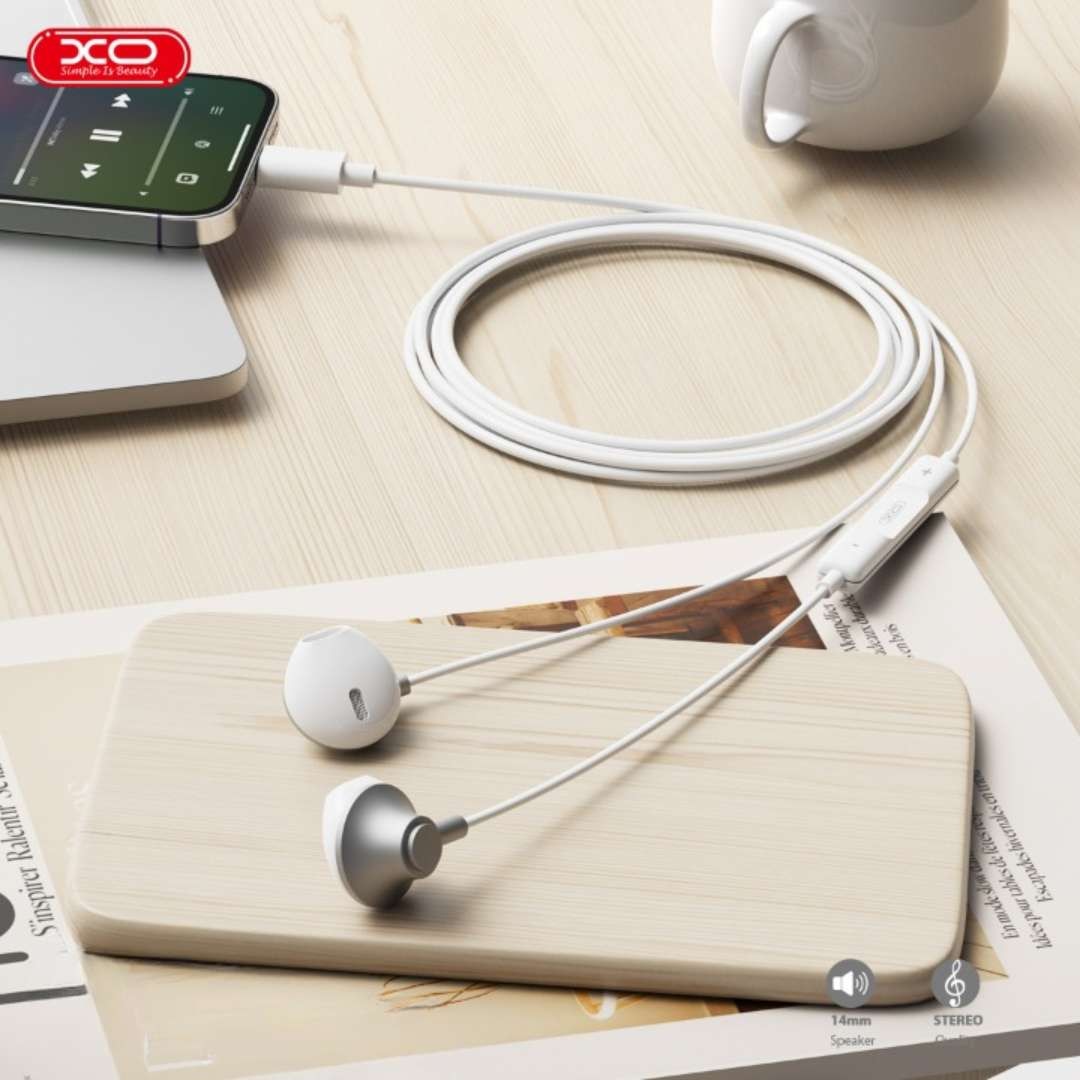 Casti Audio cu Fir si Microfon XO EP71, Alb, Mufa Lightning pentru iPhone, Reducere Zgomot si Control Volum, Design Ergonomic si Confortabil