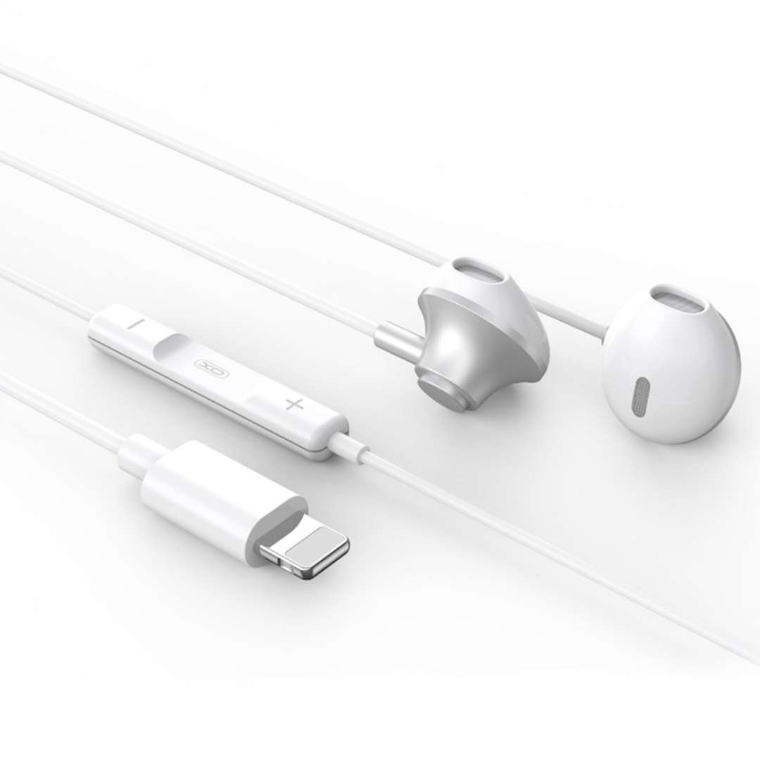 Casti Audio cu Fir si Microfon XO EP71, Alb, Mufa Lightning pentru iPhone, Reducere Zgomot si Control Volum, Design Ergonomic si Confortabil