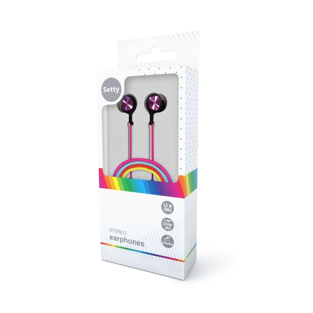 Casti Audio cu Fir si Microfon Setty SPD-J-313, Curcubeu, Mufa Jack 3,5mm, Design In-Ear Vibrant, Confort Zilnic