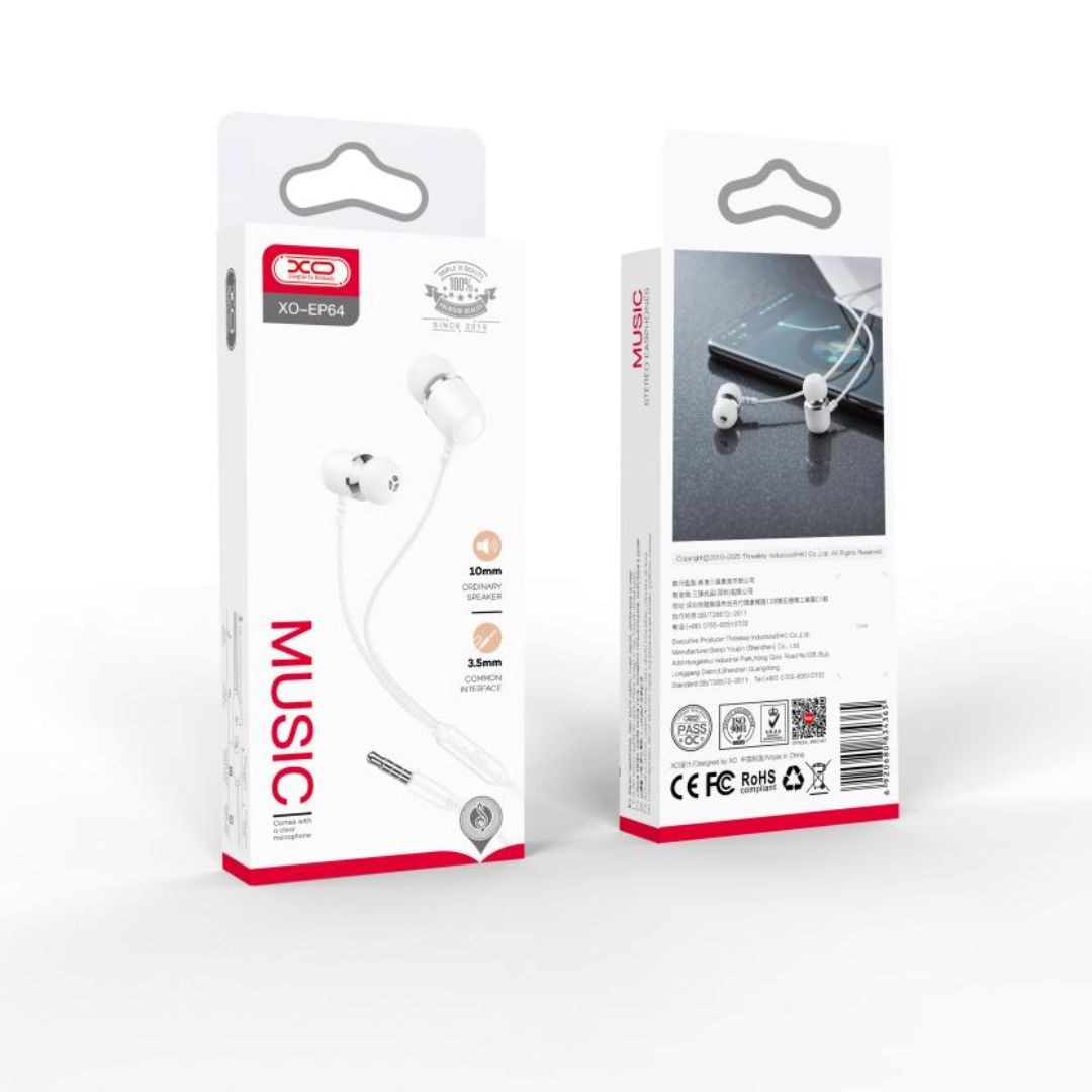 Casti Audio cu Fir si Microfon XO EP64, Alb, Mufa Jack 3,5mm, Sunet Clar si Design In-Ear Confortabil pentru Utilizare Zilnica