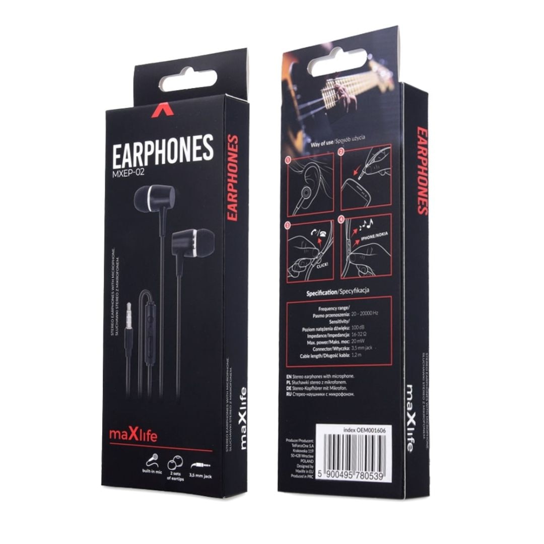 Casti Audio cu Fir si Microfon Maxlife MXEP-02, Negru, Mufa Jack 3,5mm, Sunet Clar si Design In-Ear Confortabil pentru Utilizare Zilnica