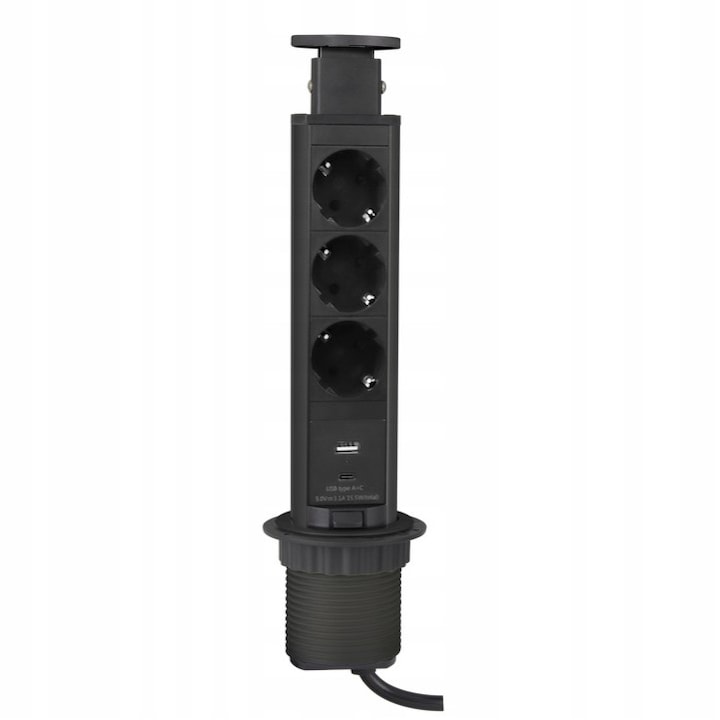 Coloana 3 prize Schuko, 1 port incarcare USB tip A si 1 port incarcare USB tip C, incorporabila in blat Lift Box, finisaj negru
