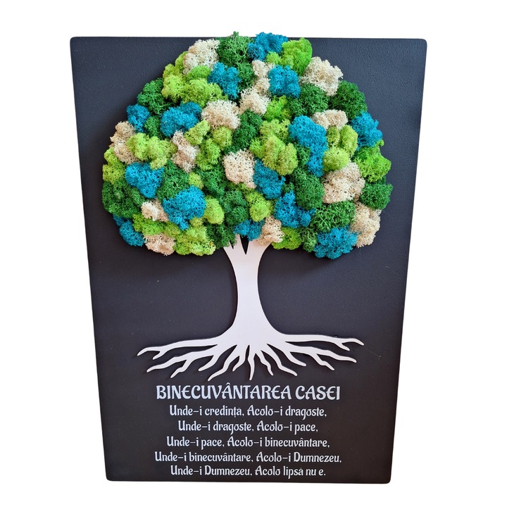 Tablou din lemn - Binecuvantarea casei- v7 decorat cu licheni stabilizati verde-turcoaz, 21x30 cm
