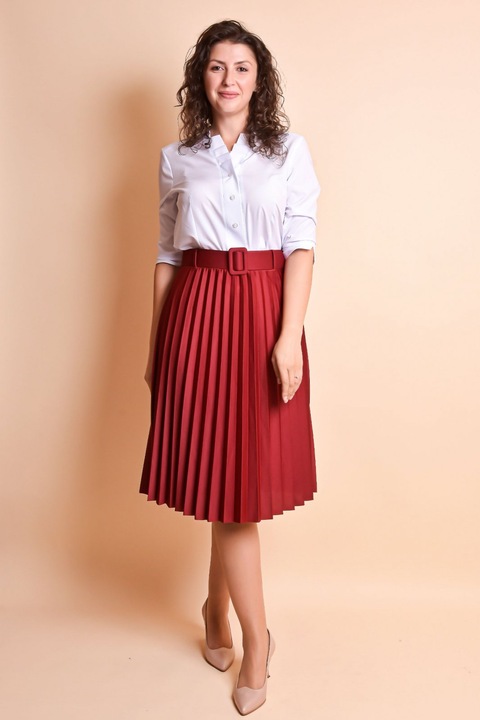 Fusta office plisata grena cu centura in talie, 44-48 EU